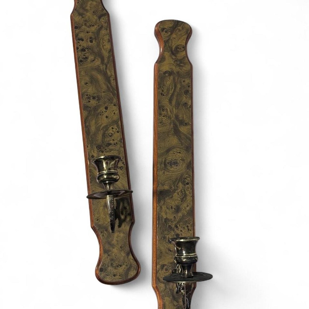 Vintage Homco Home Interiors Wood Wall Sconces Brass Candle Holders Pair